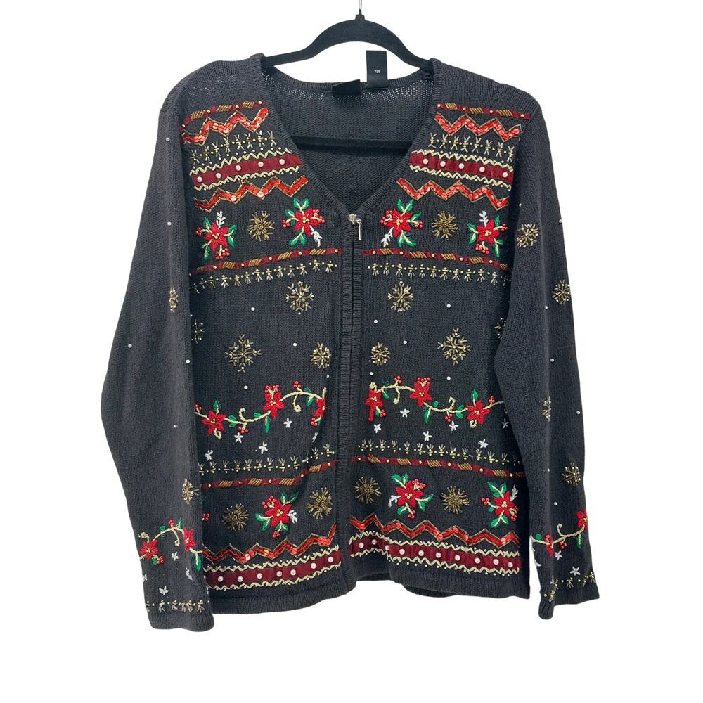 Erika Petite PM Ugly Christmas Sweater Cardigan Black Poinsettia